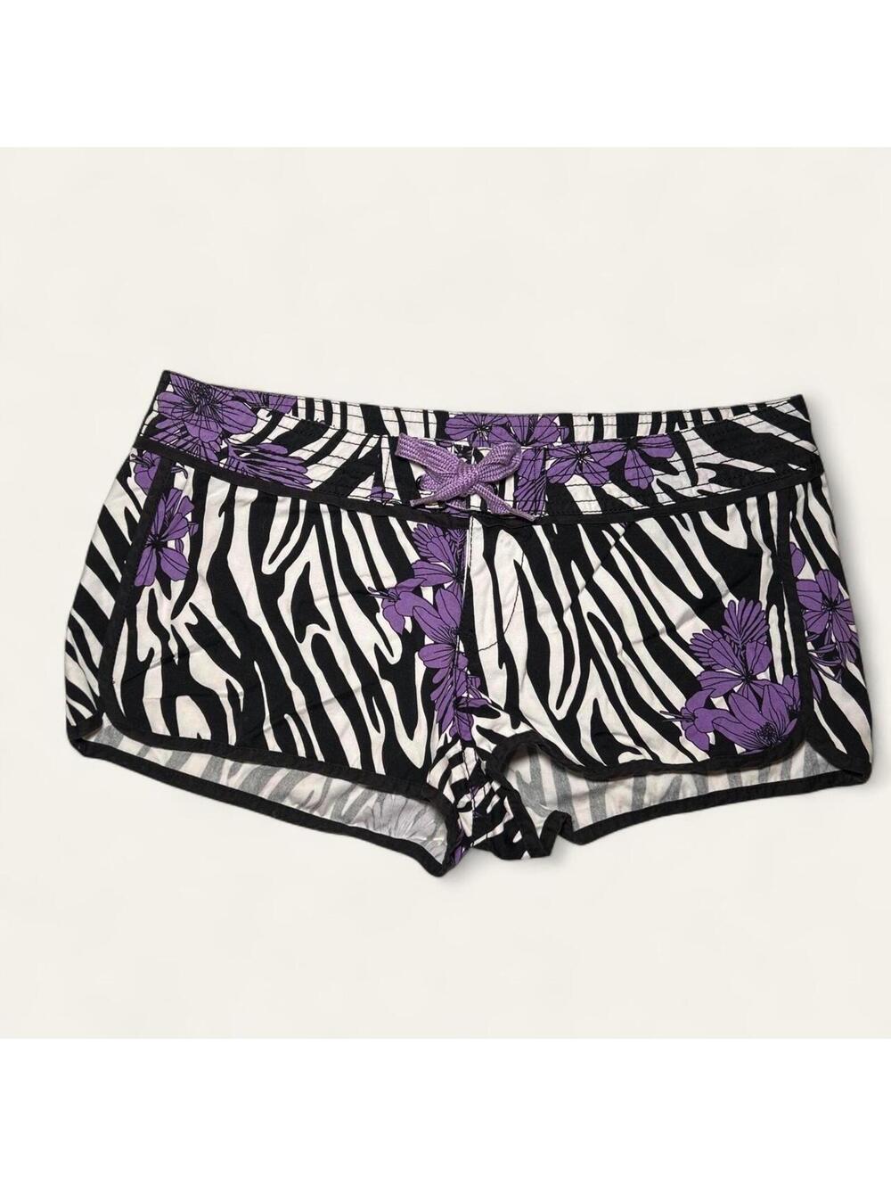H&M Black and White Zebra Print Mini Shorts Purple Lace Tie